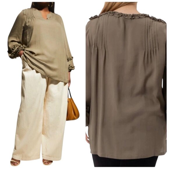 Harshman Kuniko Blouse Sage Green 2X Tencel Pintuck Ruffle NWT
